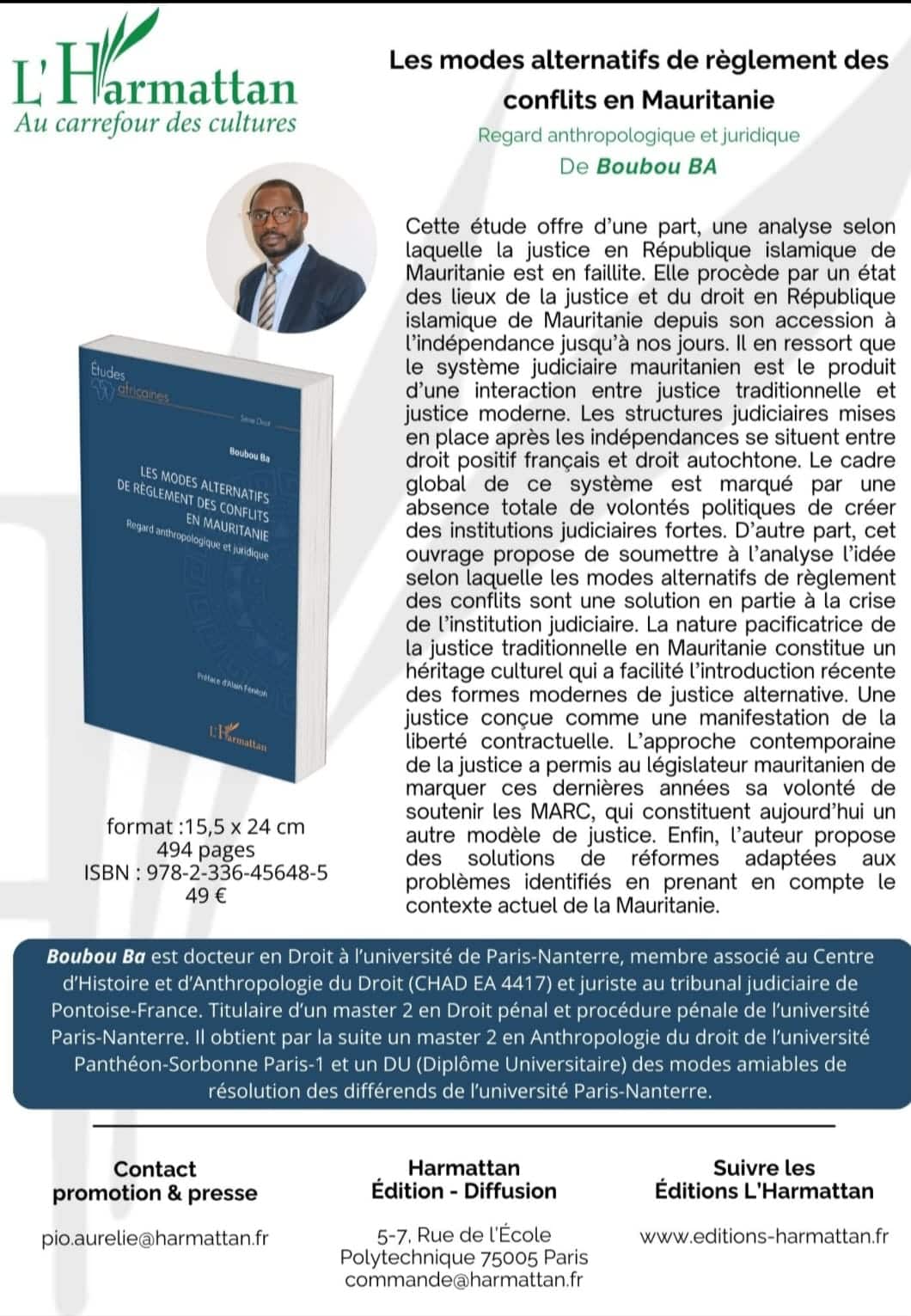 Droit : parution chez l’Harmattan, « Les Alternatifs de règlements des conflits en Mauritanie, Regards anthropologique et juridique 