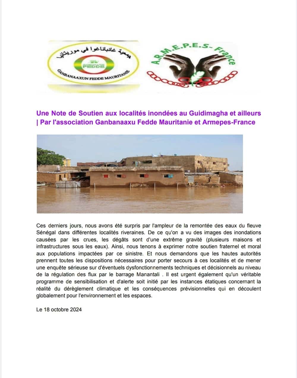 Une Note de Soutien aux localités inondées au Guidimagha et ailleurs | Par l’association Ganbanaaxu Fedde Mauritanie et Armepes-France